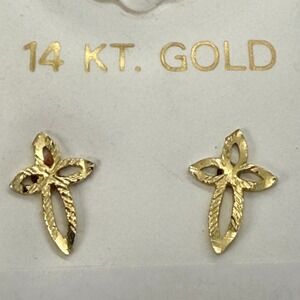 14KT Yellow Gold Cross Stud Earrings Diamond Cut Textured Religious USA Gift
